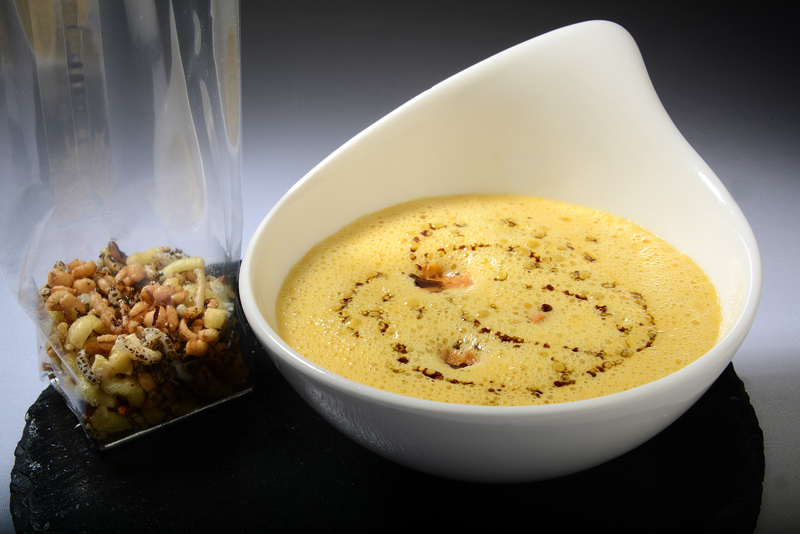 Spiced Northcote Pumpkin Cappuccino%2C White Bean Chorizo%2C Puffed Seeds (V) (2) low res